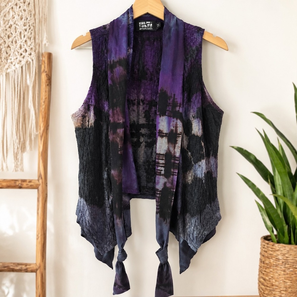 Art of Cloth Tie Dye Open Front Draped Vest Purple Black Crinkle Size M Boho